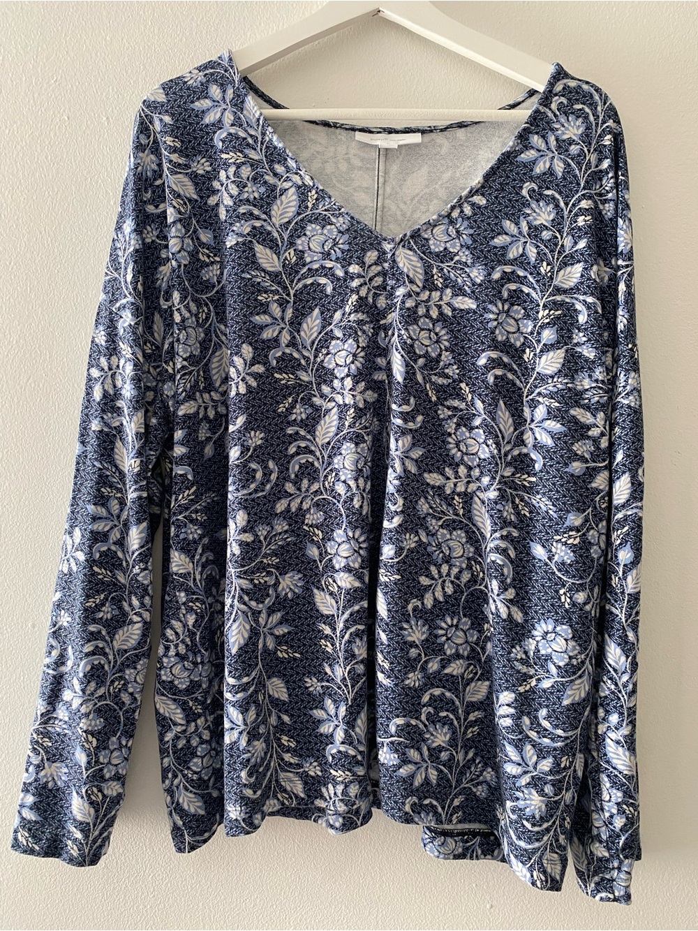 Pure Jill Eco Terry Relaxed Fit Pullover Top Blue White Floral Print